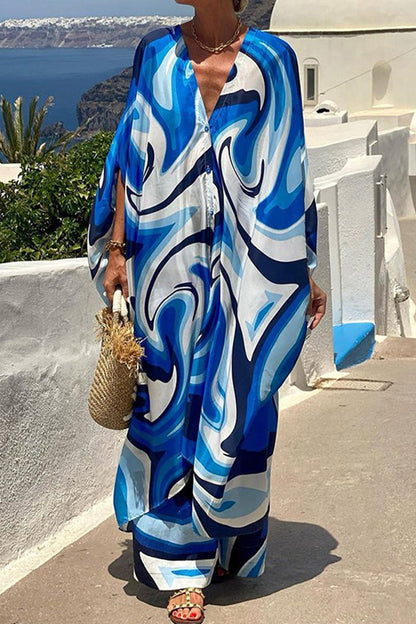 Vacation Tie Dye Print Patchwork V Neck Half Sleeve Two Pieces