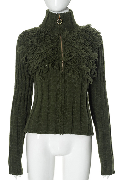 Color Fringed Trim Zipper Turtleneck Sweaters