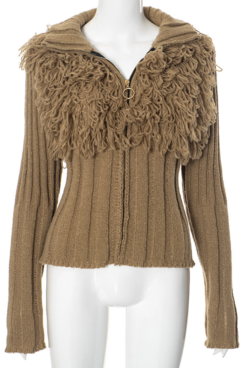 Color Fringed Trim Zipper Turtleneck Sweaters
