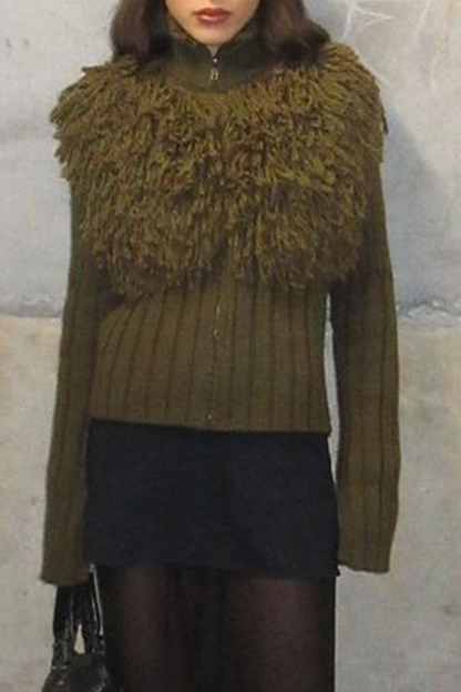 Color Fringed Trim Zipper Turtleneck Sweaters