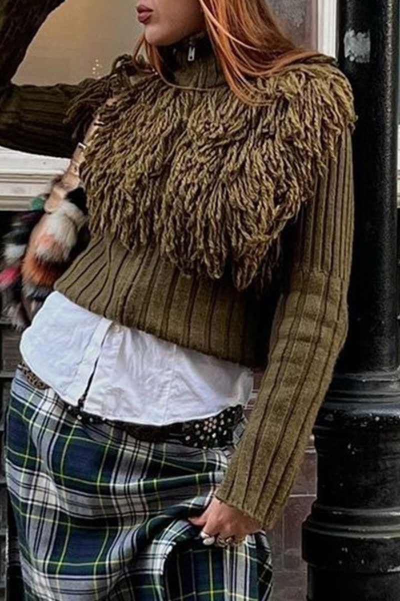 Color Fringed Trim Zipper Turtleneck Sweaters