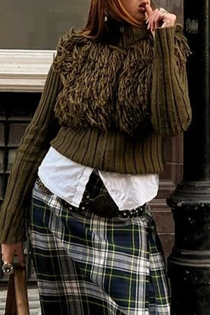 Color Fringed Trim Zipper Turtleneck Sweaters