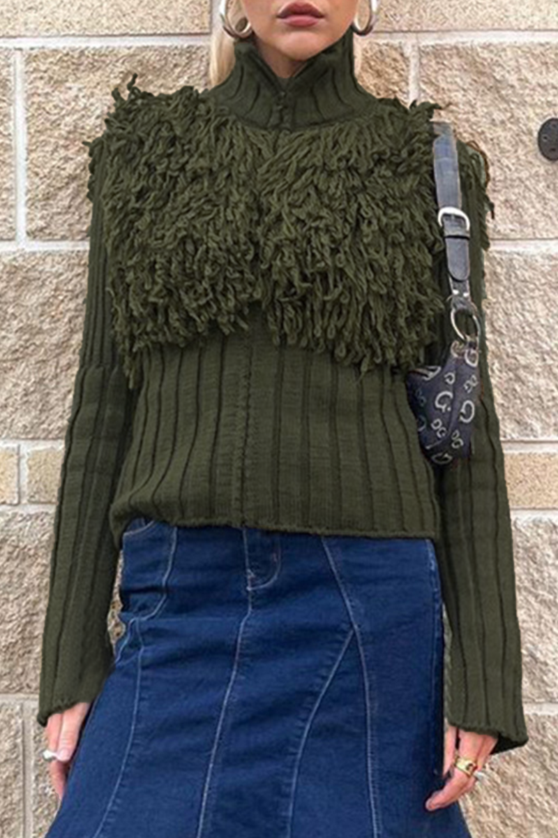 Color Fringed Trim Zipper Turtleneck Sweaters