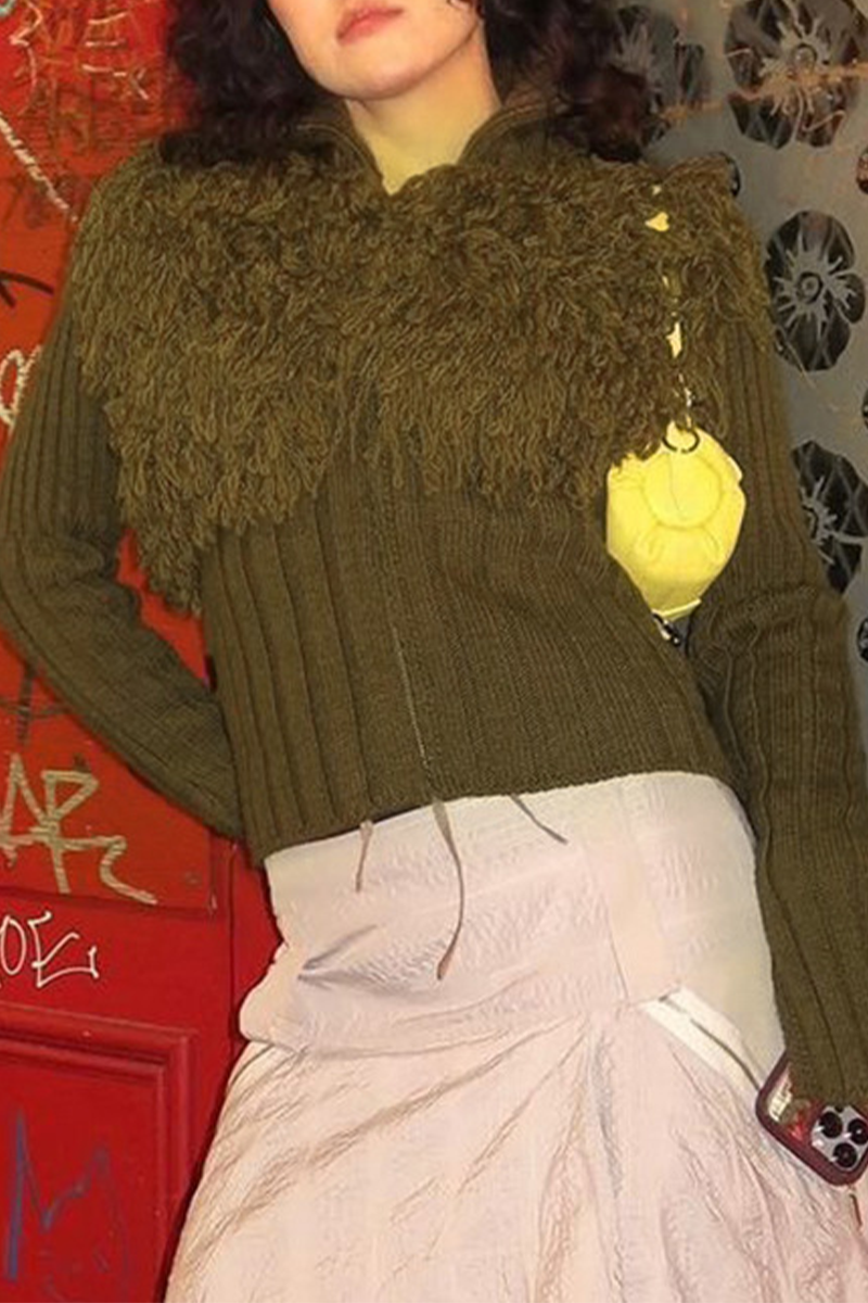 Color Fringed Trim Zipper Turtleneck Sweaters