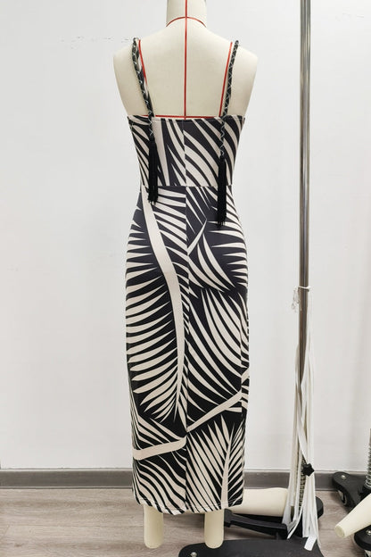 Print Hollow Out Backless Slit Spaghetti Strap Long Dresses