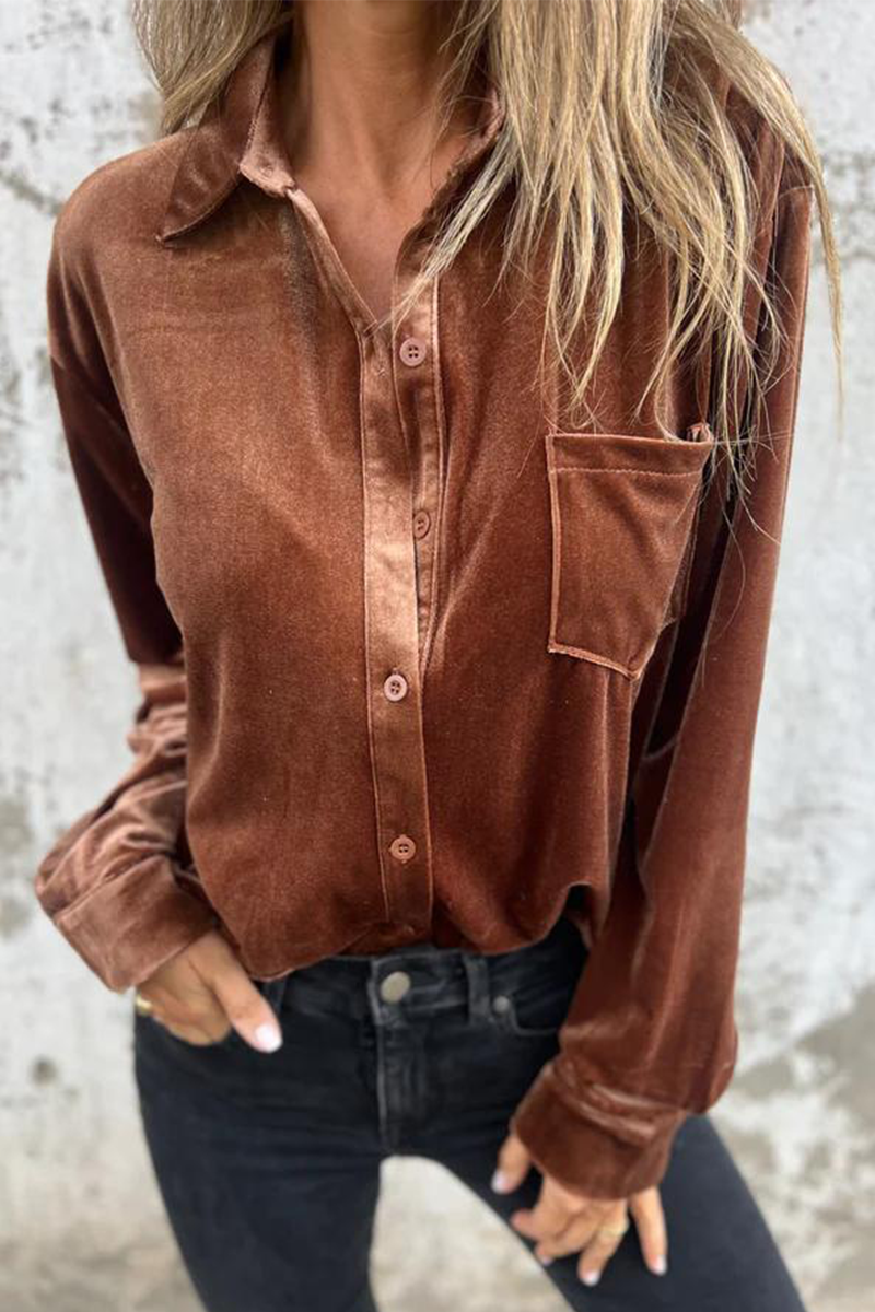 Color Pocket Buckle Turndown Collar Blouses(3 Colors)