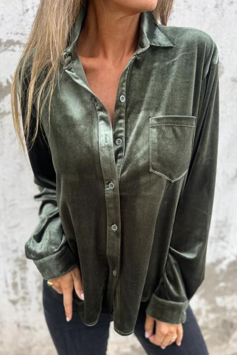 Color Pocket Buckle Turndown Collar Blouses(3 Colors)