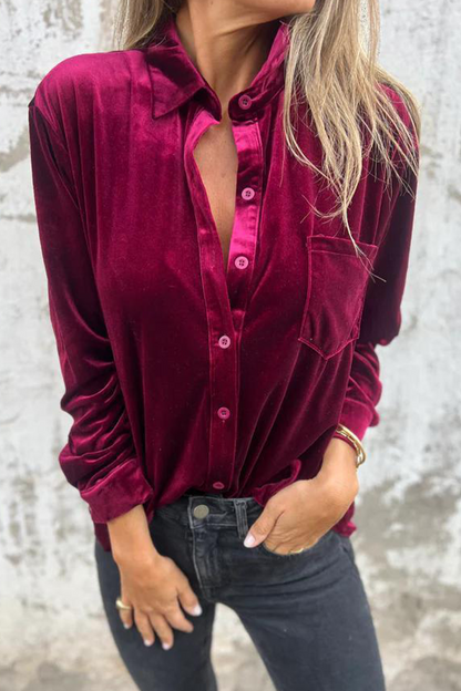 Color Pocket Buckle Turndown Collar Blouses(3 Colors)