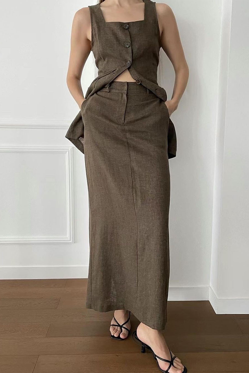 Daily Color Pocket Buttons Square Neck Sleeveless Two Pieces