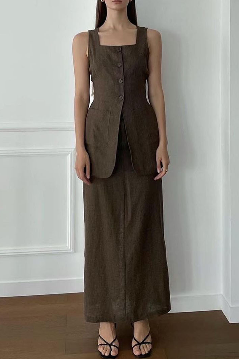 Daily Color Pocket Buttons Square Neck Sleeveless Two Pieces