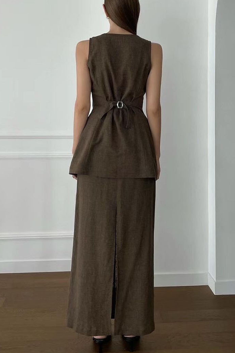 Daily Color Pocket Buttons Square Neck Sleeveless Two Pieces
