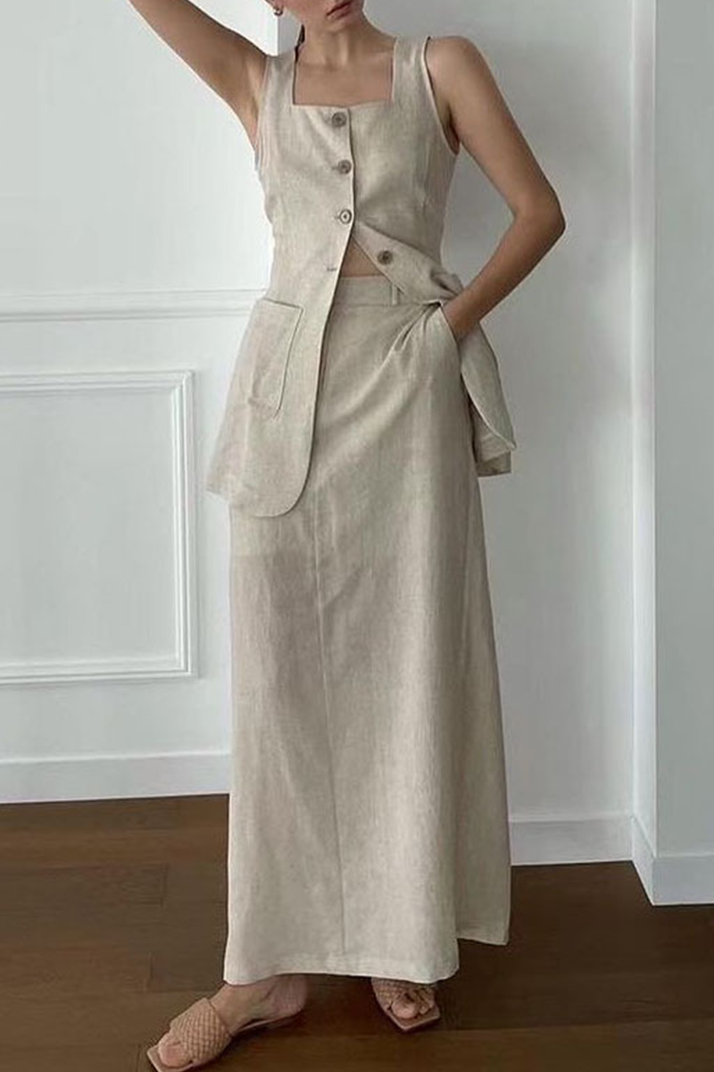 Daily Color Pocket Buttons Square Neck Sleeveless Two Pieces