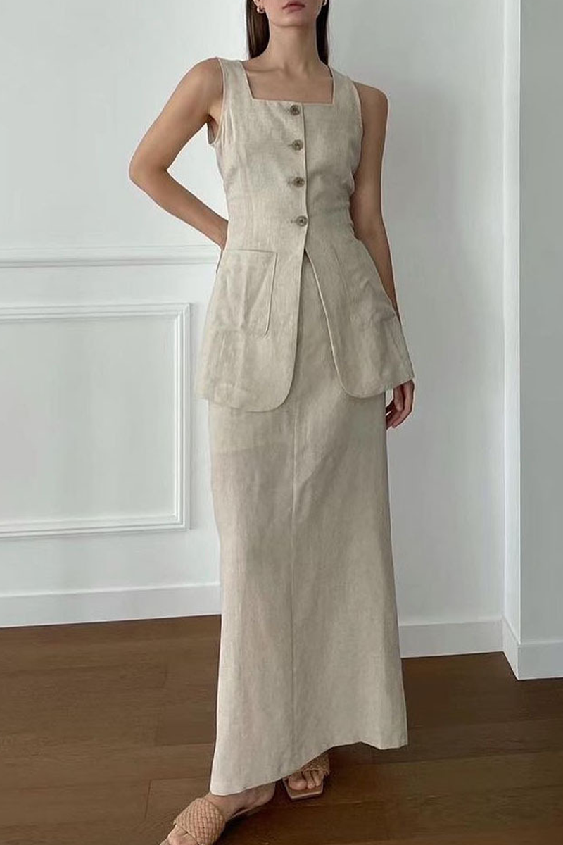 Daily Color Pocket Buttons Square Neck Sleeveless Two Pieces