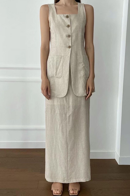 Daily Color Pocket Buttons Square Neck Sleeveless Two Pieces