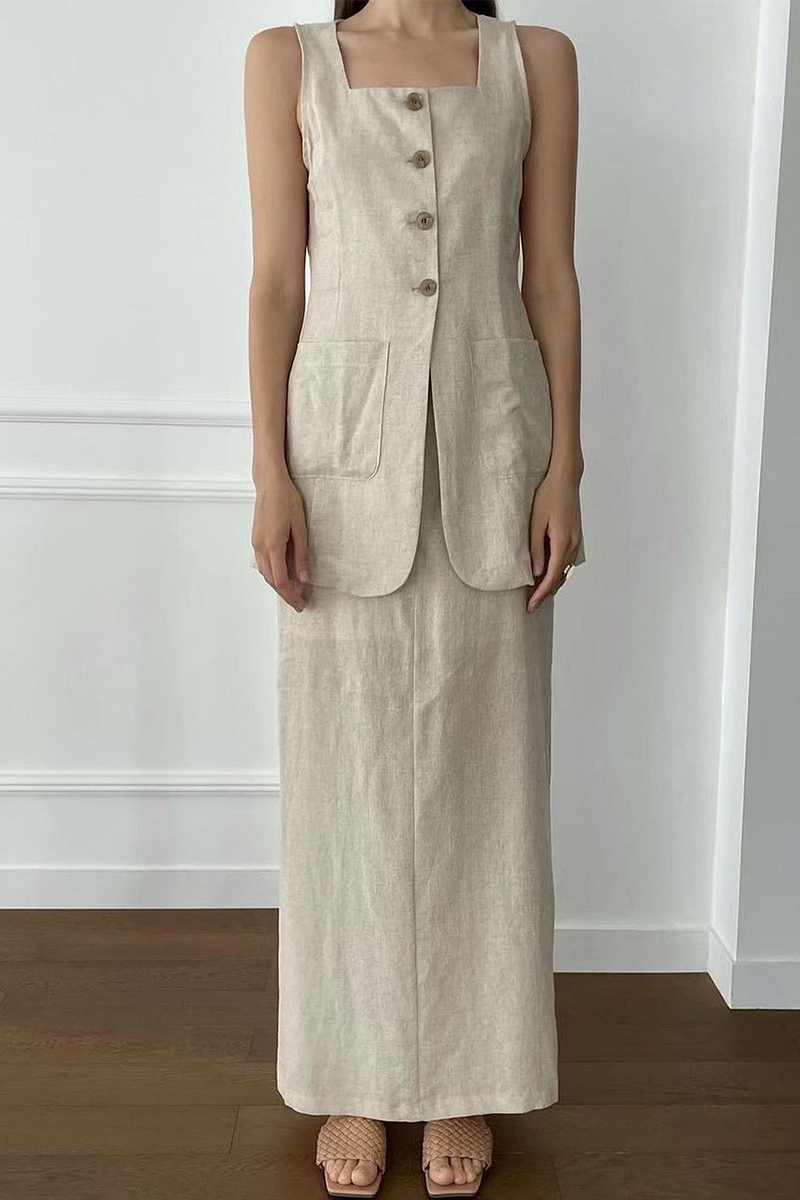 Daily Color Pocket Buttons Square Neck Sleeveless Two Pieces