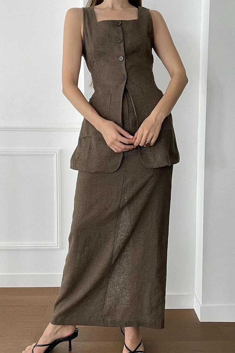 Daily Color Pocket Buttons Square Neck Sleeveless Two Pieces