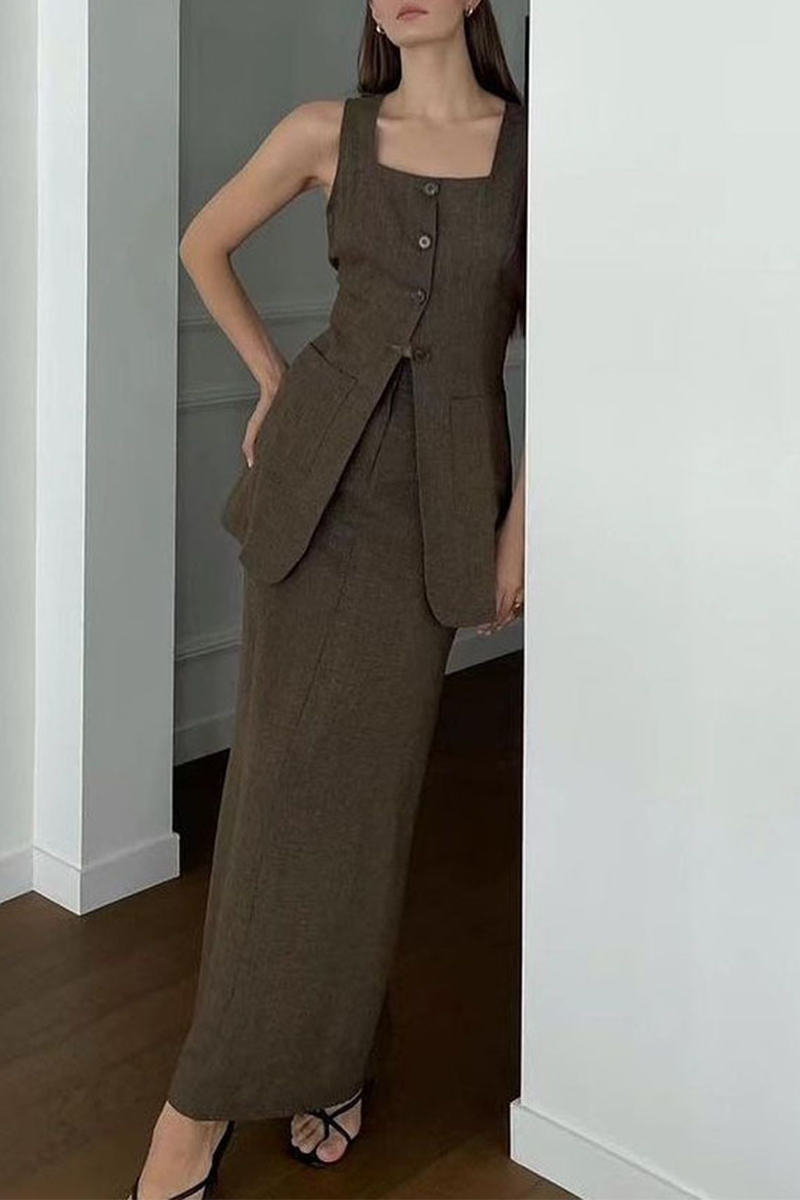 Daily Color Pocket Buttons Square Neck Sleeveless Two Pieces