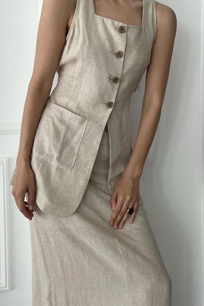 Daily Color Pocket Buttons Square Neck Sleeveless Two Pieces