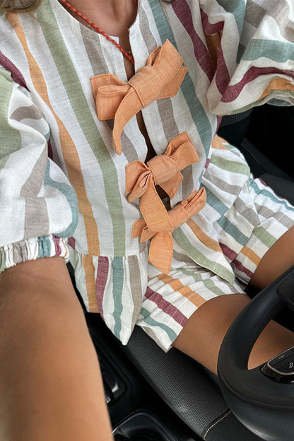Striped Print Patchwork Bow Decor O Neck Short Sleeve Two Pieces