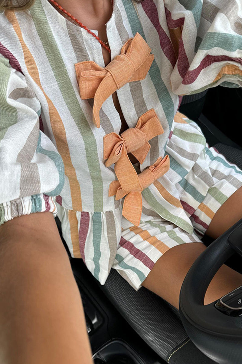 Striped Print Patchwork Bow Decor O Neck Short Sleeve Two Pieces