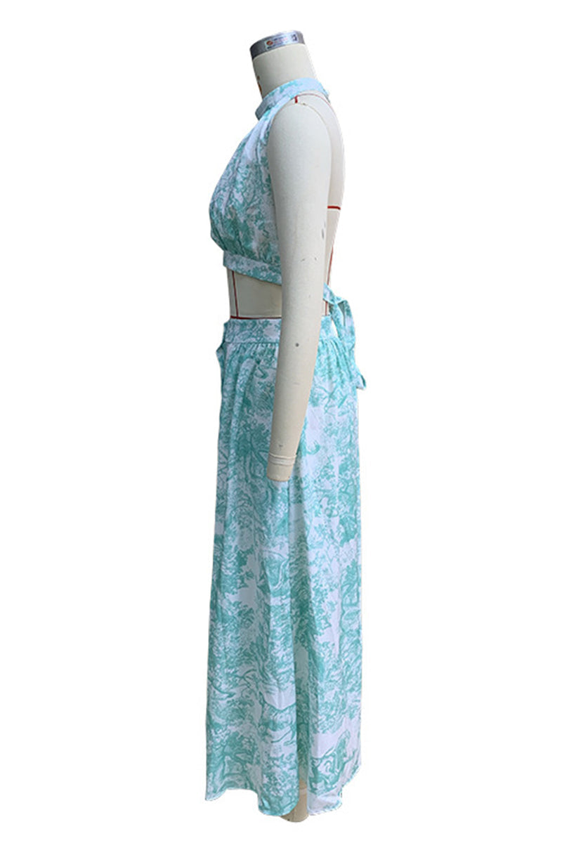 Street Print Pocket Lace Up Buckle Backless Halter Sleeveless Two Pieces
