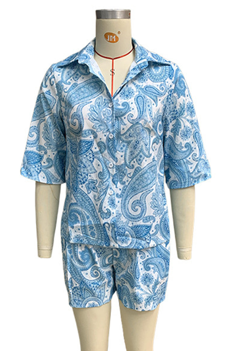 Daily Print Pocket Turndown Collar Short Sleeve Two Pieces