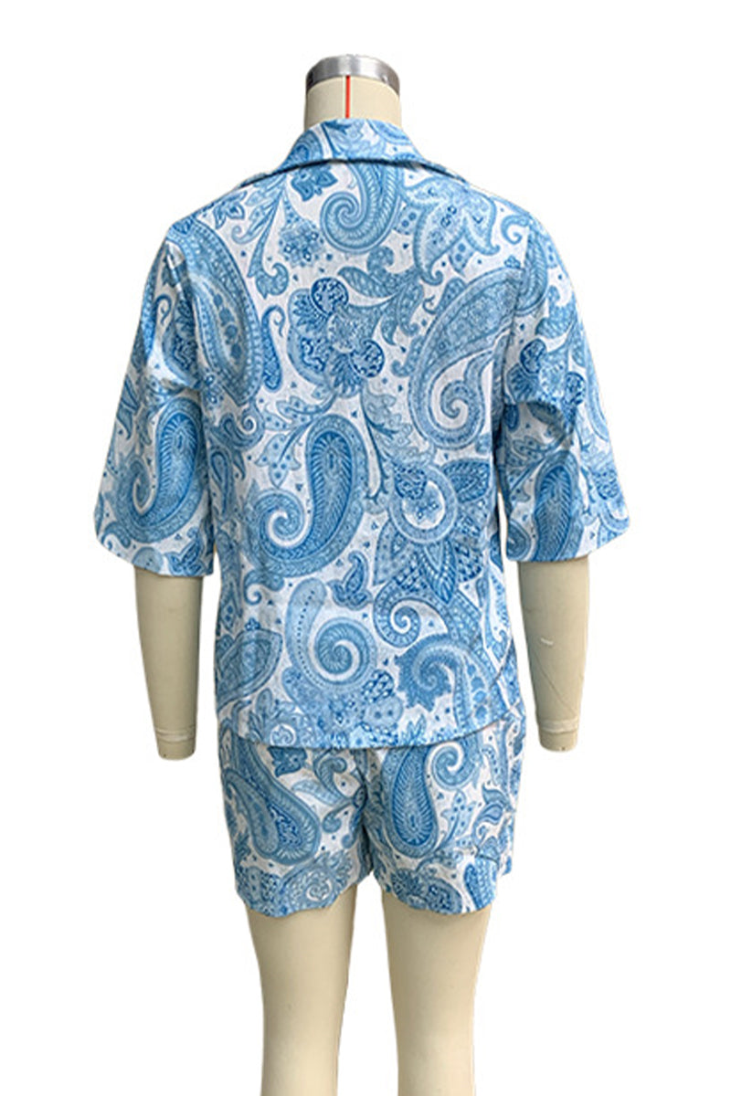 Daily Print Pocket Turndown Collar Short Sleeve Two Pieces