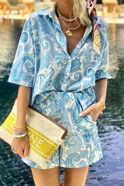 Daily Print Pocket Turndown Collar Short Sleeve Two Pieces