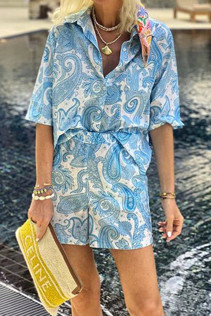 Daily Print Pocket Turndown Collar Short Sleeve Two Pieces