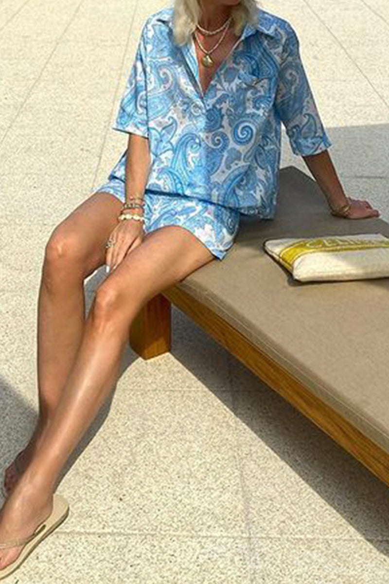 Daily Print Pocket Turndown Collar Short Sleeve Two Pieces