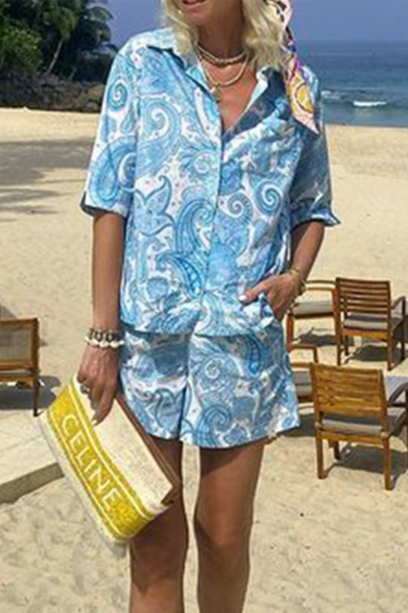 Daily Print Pocket Turndown Collar Short Sleeve Two Pieces