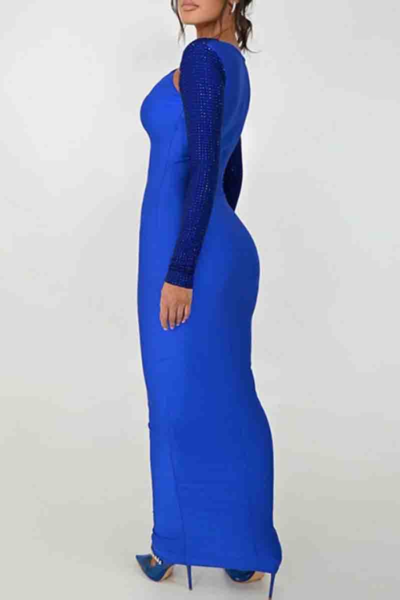 Hollow Out Patchwork Contrast O Neck Long Dresses(3 Colors)