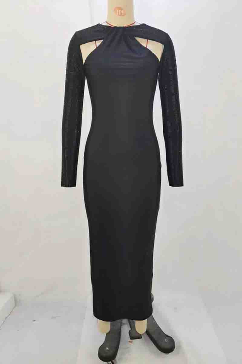 Hollow Out Patchwork Contrast O Neck Long Dresses(3 Colors)