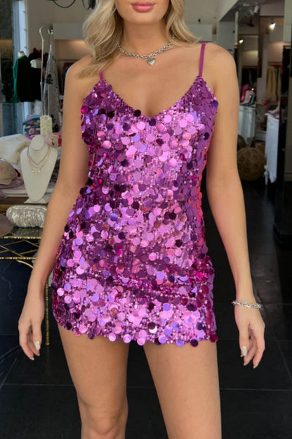 Hot Patchwork Sequins Backless Spaghetti Strap Wrapped Skirt Dresses