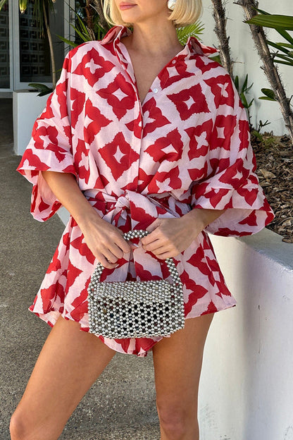 Print Rhombus Lace Up Contrast Turndown Collar Loose Rompers