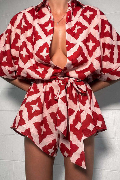 Print Rhombus Lace Up Contrast Turndown Collar Loose Rompers