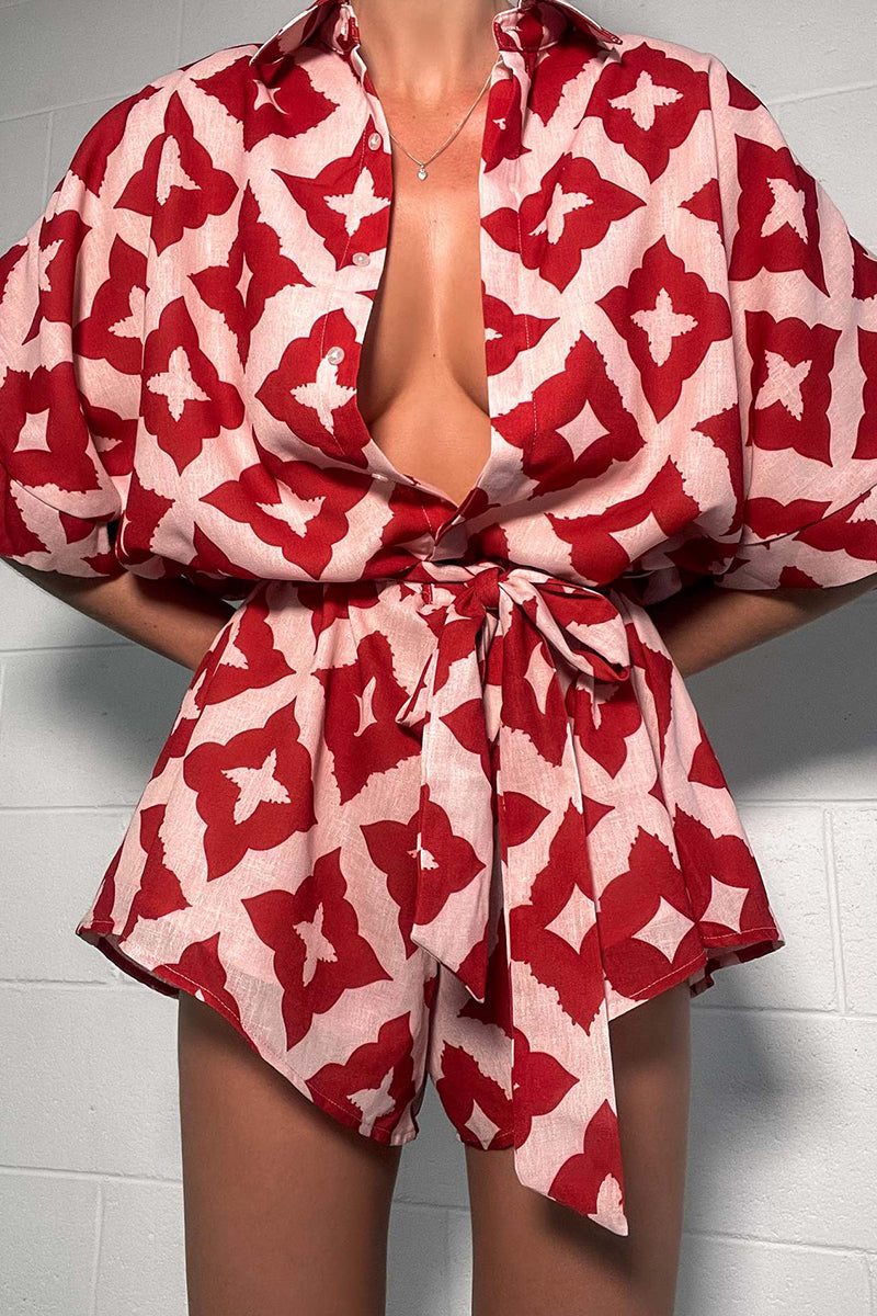 Print Rhombus Lace Up Contrast Turndown Collar Loose Rompers