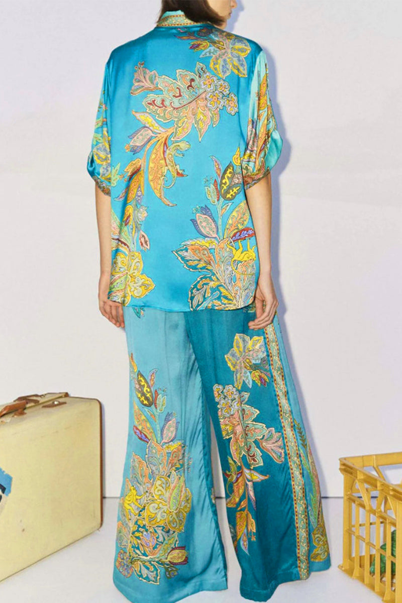 Print Patchwork Turndown Collar Long Sleeve Two Pieces