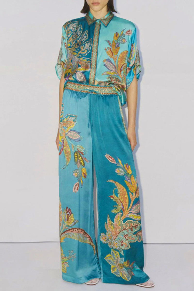 Print Patchwork Turndown Collar Long Sleeve Two Pieces