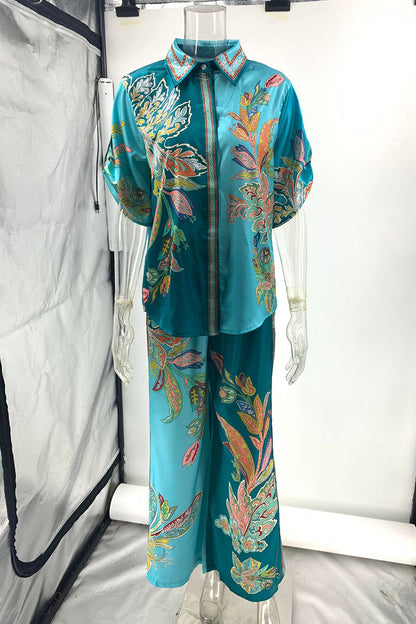 Print Patchwork Turndown Collar Long Sleeve Two Pieces