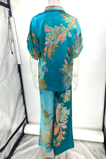 Print Patchwork Turndown Collar Long Sleeve Two Pieces