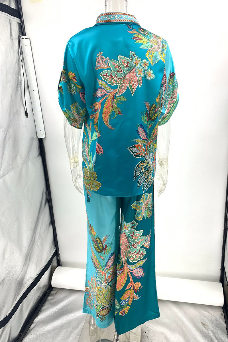 Print Patchwork Turndown Collar Long Sleeve Two Pieces