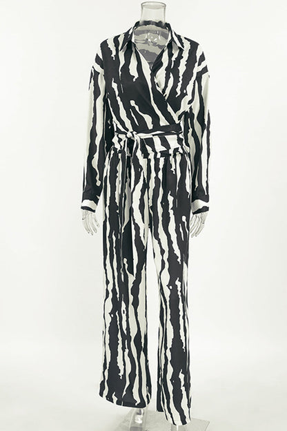 Zebra Print Lace Up Contrast Turndown Collar Long Sleeve Two Pieces