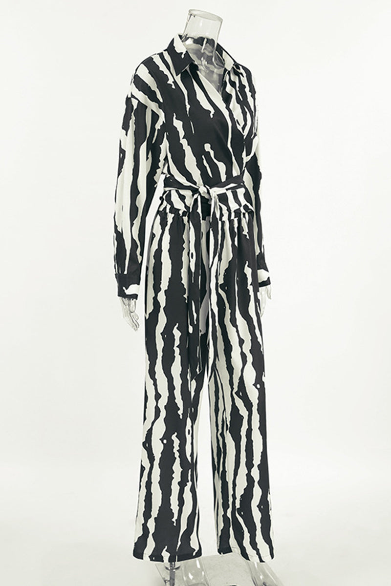 Zebra Print Lace Up Contrast Turndown Collar Long Sleeve Two Pieces