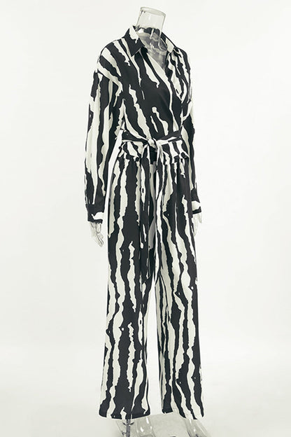 Zebra Print Lace Up Contrast Turndown Collar Long Sleeve Two Pieces