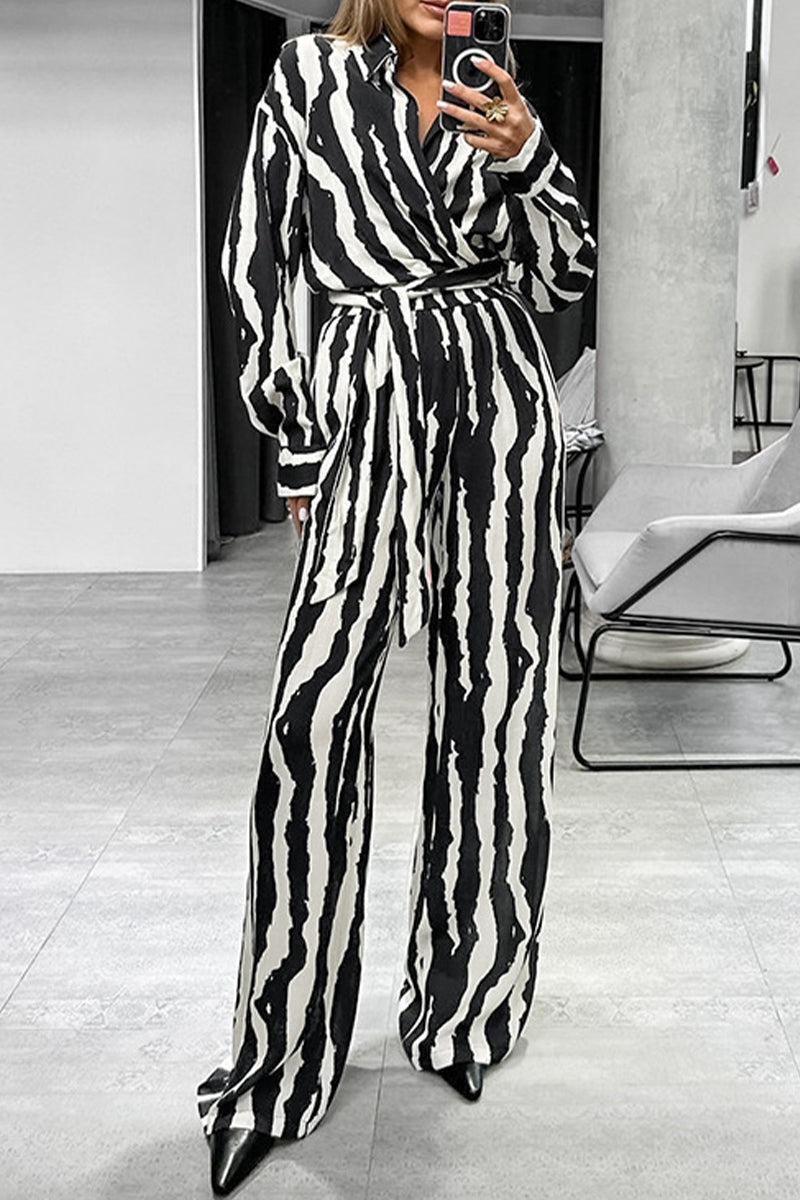 Zebra Print Lace Up Contrast Turndown Collar Long Sleeve Two Pieces