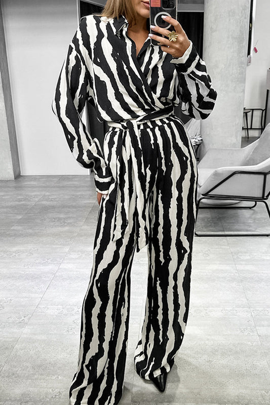 Zebra Print Lace Up Contrast Turndown Collar Long Sleeve Two Pieces