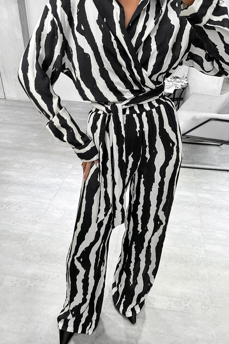 Zebra Print Lace Up Contrast Turndown Collar Long Sleeve Two Pieces