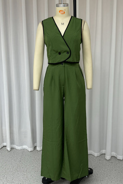 Street Pocket Buttons Contrast V Neck Sleeveless Two Pieces