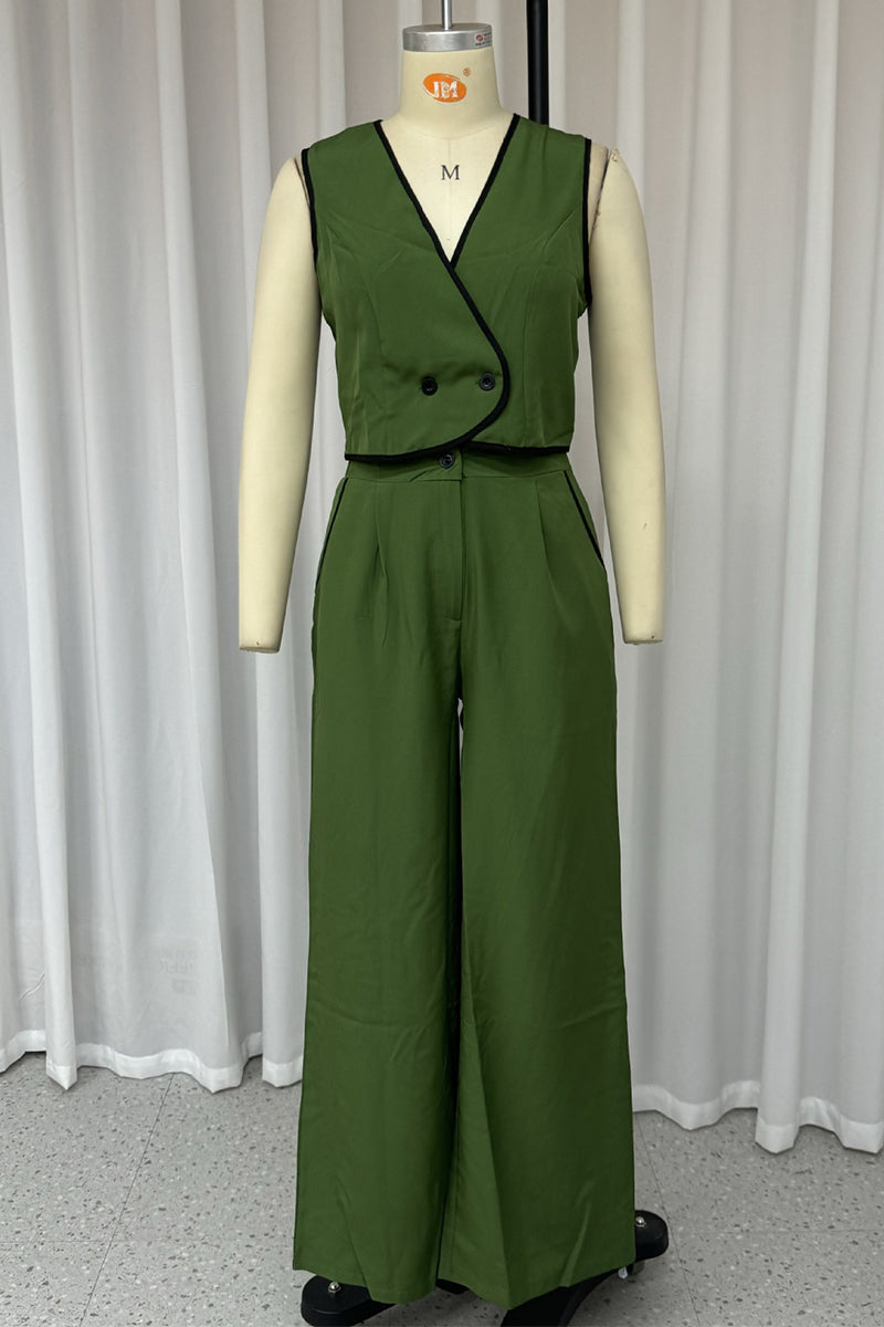 Street Pocket Buttons Contrast V Neck Sleeveless Two Pieces